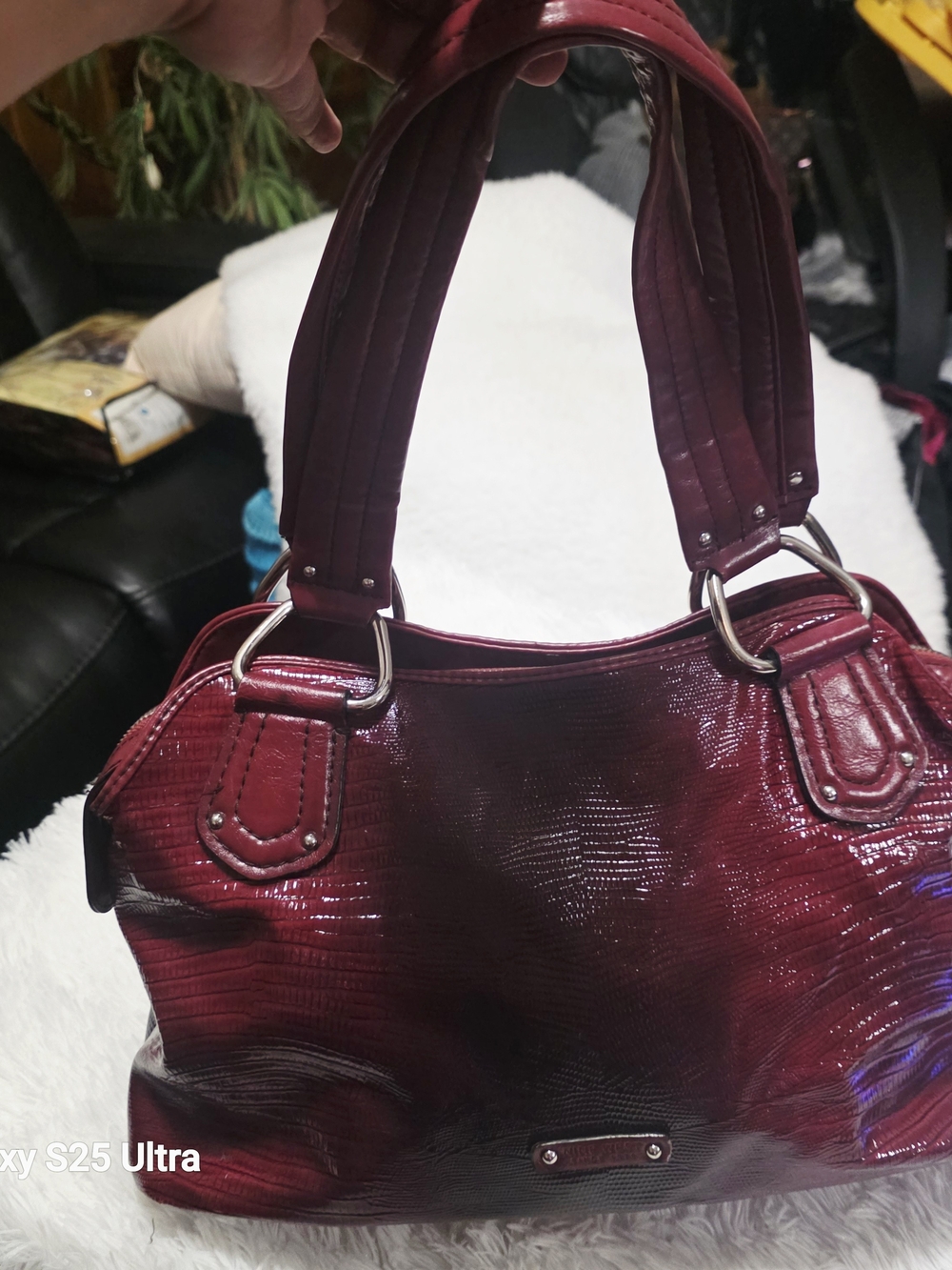 Nine WEST Women's Glossy Burgundy Shoulder Bag - Sleek Tote